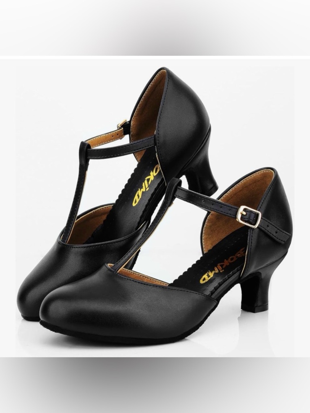 Classic Black T-Strap Mid-Heel Pumps for Women